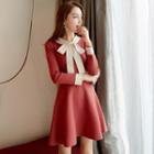 Bow Neck Long-sleeve A-line Knitted Dress