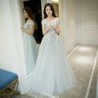 Off Shoulder Lace Panel Mesh Bridesmaid Dress