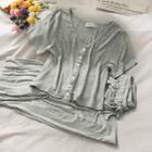 Set: Button-down V-neck Crop T-shirt + Wide-leg Pants