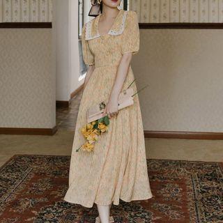 Floral Print Collared Puff-sleeve Midi A-line Dress