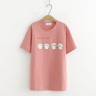 Cat Printed Short-sleeve T-shirt Brick Red - One Size