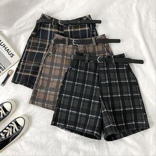 Color-block Plaid Roll-up High-waist Shorts With Belt