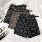 Color-block Plaid Roll-up High-waist Shorts With Belt