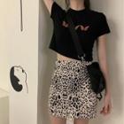 Leopard Print Mini Skirt / Butterfly Embroidery T-shirt