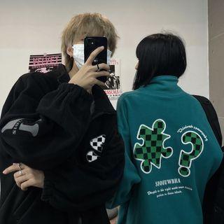 Stand Collar Lettering Fleece Zip-up Jacket