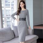 Long-sleeve Lace Panel Plaid Midi Sheath Dress