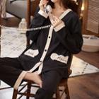 Loungewear Set : Contrast Trim Long-sleeve Lettering Shirt + Pants