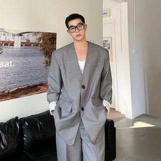 V-neck Padded-shoulder Blazer