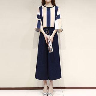 Set: Stripe 3/4-sleeve Top + Cropped Wide Leg Pants