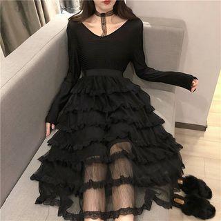Long-sleeve Mesh Panel Layer A-line Dress Black - One Size