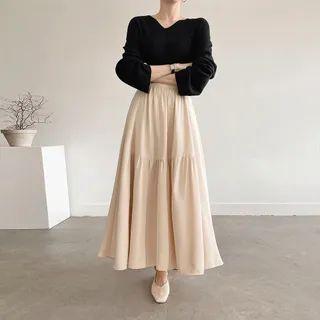 Band-waist Shirred Maxi Skirt