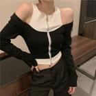 Cold-shoulder Zip-up Long-sleeve Top
