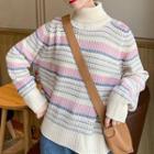 Turtleneck Striped Sweater Off-white & Pink & Blue - One Size