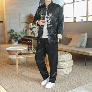 Set: Dragon Embroidered Frog-button Jacket + Straight-cut Pants