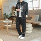 Set: Dragon Embroidered Frog-button Jacket + Straight-cut Pants