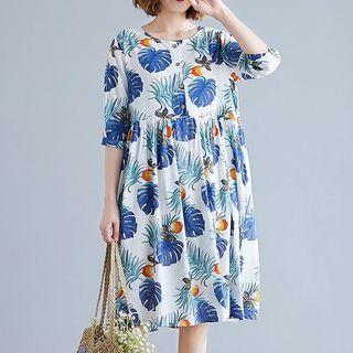 Elbow-sleeve Tropical Print A-line Dress