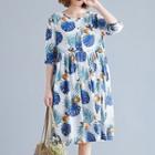 Elbow-sleeve Tropical Print A-line Dress