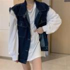 Frayed Pocket-detail Denim Sleeveless Tank Top Dark Blue - One Size