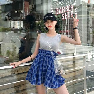 Paperbag-waist Flared Plaid Skirt