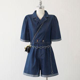 High-waist Washed Denim Button-up Wide Leg Jumpsuit