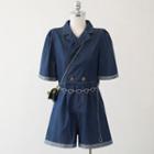 High-waist Washed Denim Button-up Wide Leg Jumpsuit