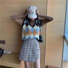 Sleeveless Knit Top / Turtleneck Frilled Top / Plaid Mini Skirt
