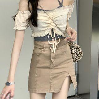 Halter-neck Plain Camisole Top / Off-shoulder Ruffled Trim Plain Drawstring Cropped Top / High-waist Plain Side-slit Skirt