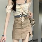 Halter-neck Plain Camisole Top / Off-shoulder Ruffled Trim Plain Drawstring Cropped Top / High-waist Plain Side-slit Skirt