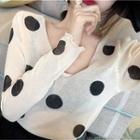 Polka Dot Printed V-neck Knit Top As Shown In Figure - One Size