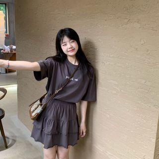 Set: Short-sleeve Lettering T-shirt + Mini A-line Skirt Set Of 2 - T-shirt & Skirt - Gray - One Size