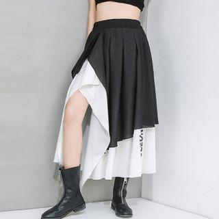 Asymmetric Panel Two-tone Midi A-line Skirt Black - One Size