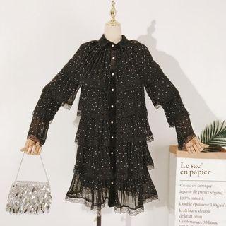 Long-sleeve Dotted Tiered Shirtdress White - One Size