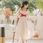 Square-neck Tie-strap Midi A-line Dress