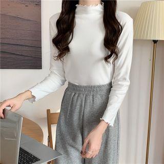 Long-sleeve High-neck Plain Ruffle Trim T-shirt