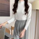 Long-sleeve High-neck Plain Ruffle Trim T-shirt