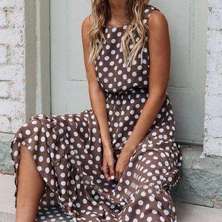 Sleeveless Crew Neck Dot Print Midi A-line Dress