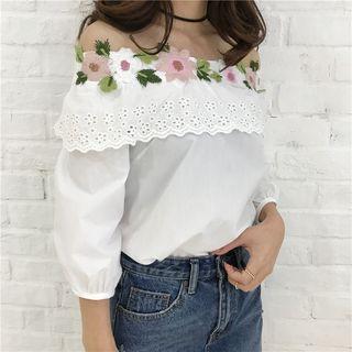 Flower Embroidered Off-shoulder 3/4-sleeve Top
