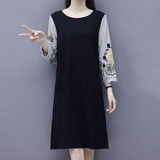 Long-sleeve Embroidered Striped Panel T-shirt Dress