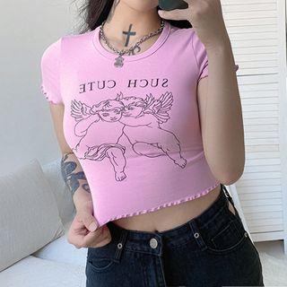Angel Print Lettuce Edge Short-sleeve Cropped T-shirt
