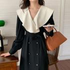 Long-sleeve Double Breasted A-line Dress Black - One Size