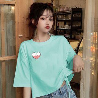 Short-sleeve Drawstring Heart Print Cropped T-shirt