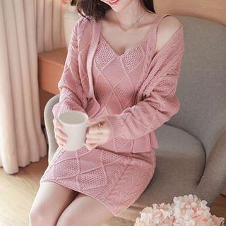 Set: Open-front Cable-knit Cardigan + Sleeveless Dress