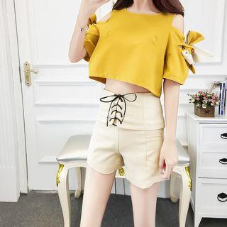Set: Bow Cold Shoulder Short-sleeve Cropped Top + Lace-up High-waist Shorts