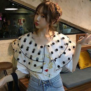 Mesh Panel Embroidered Elbow-sleeve T-shirt