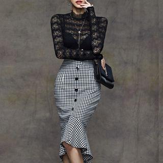 Set: Mock-neck Lace Long-sleeve Top + Checked Ruffle Hem Pencil Skirt