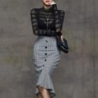 Set: Mock-neck Lace Long-sleeve Top + Checked Ruffle Hem Pencil Skirt