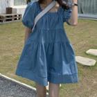 Balloon-sleeve Shirred A-line Denim Dress As Shown In Figure - One Size