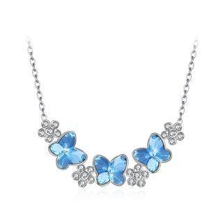 925 Sterling Silver Butterfly Necklace With Blue Austrian Element Crystal Silver - One Size