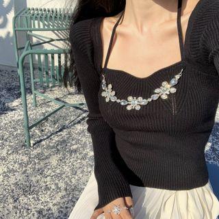 Rhinestone Sweater Sweater - Black - One Size