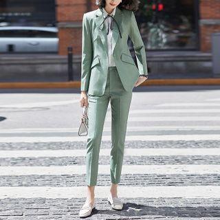 Set: Plain Blazer + Straight-leg Pants + Shirt